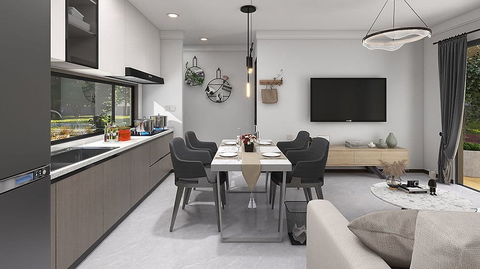Limetree House kitchen, dining, and living interior
