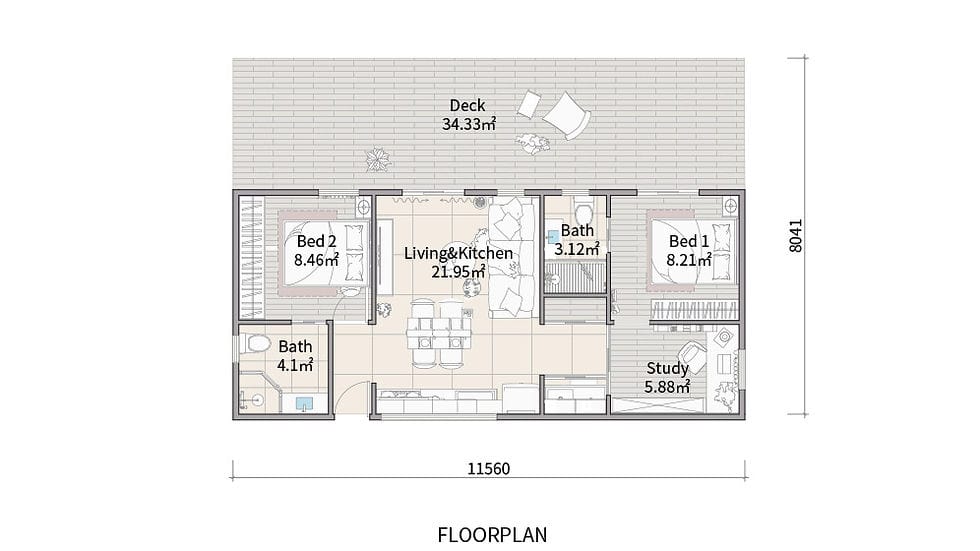 Limetree House two-bedroom floor plan with dedicated study