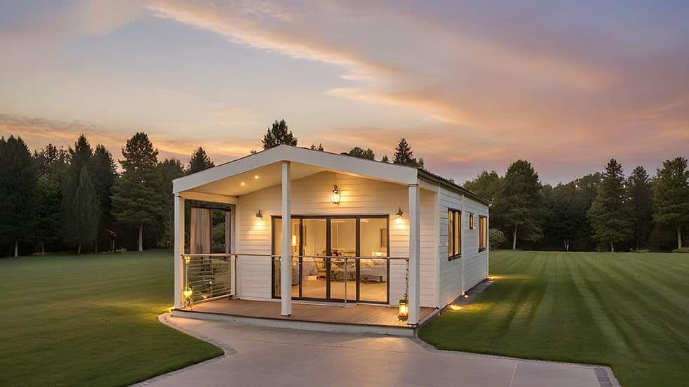 Moonlight House front exterior and covered deck at dusk