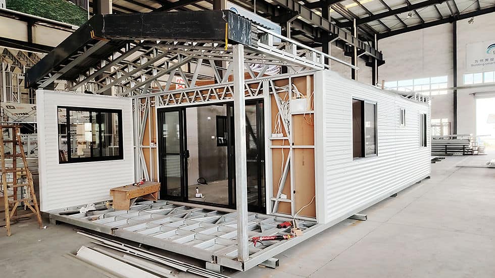 Moonlight House deck and exterior during factory production