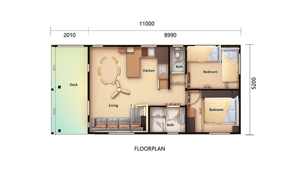 Moonlight House two-bedroom floor plan with two private bathrooms