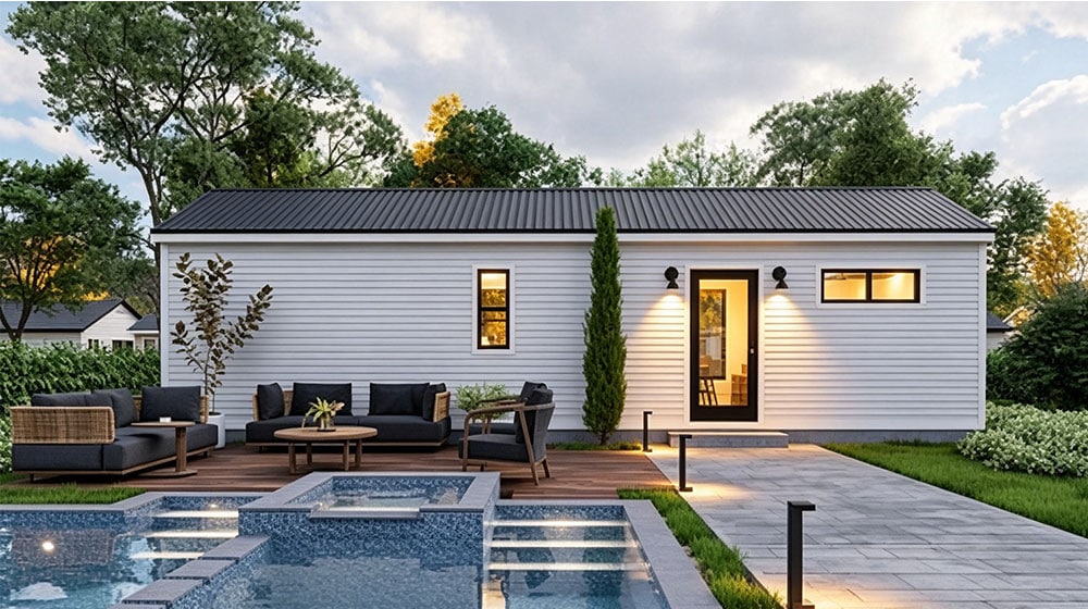 The Willow Nook long-side exterior beside a terrace and pool