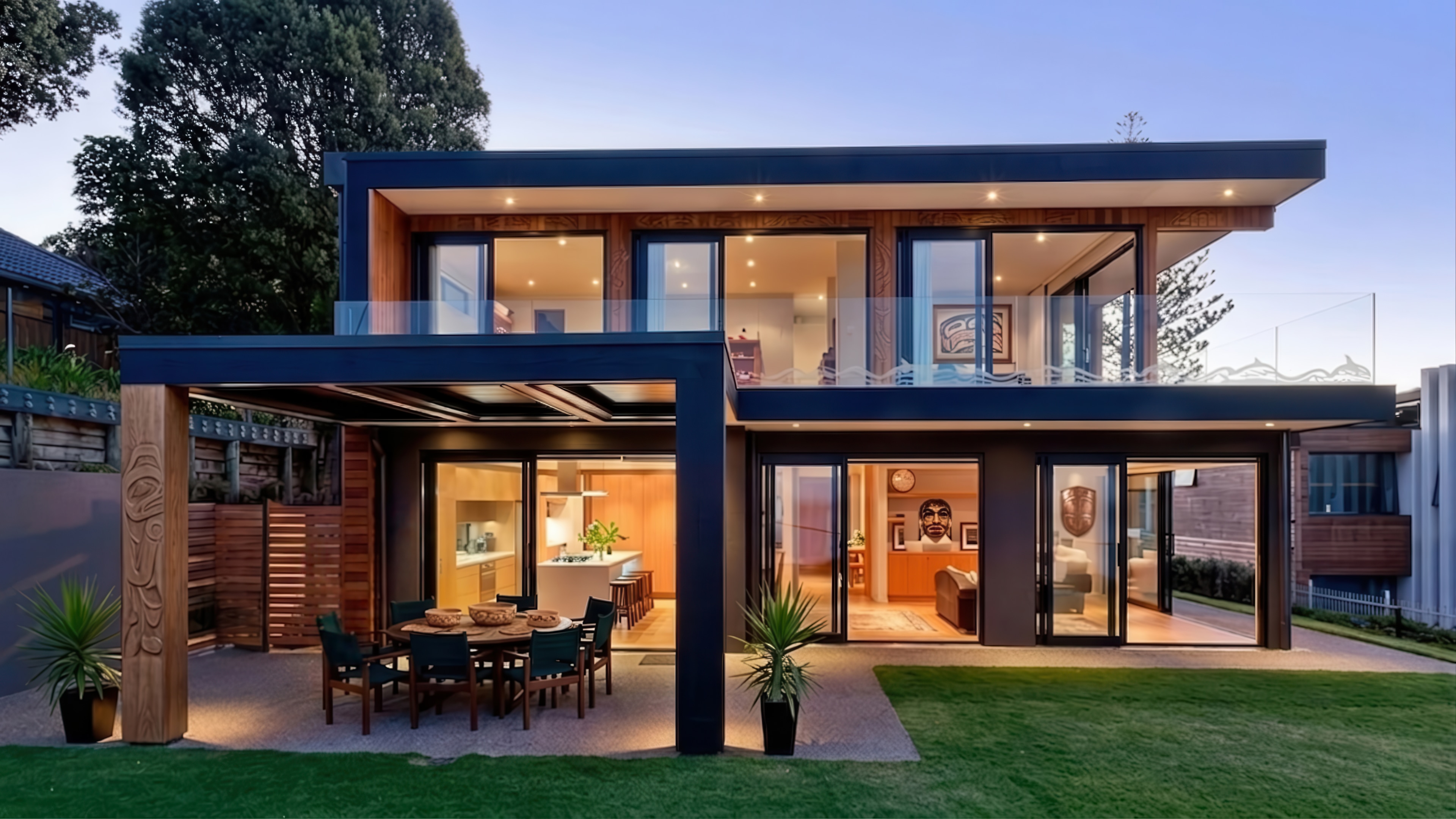 Completed contemporary residence with broad glazing and warm timber detailing