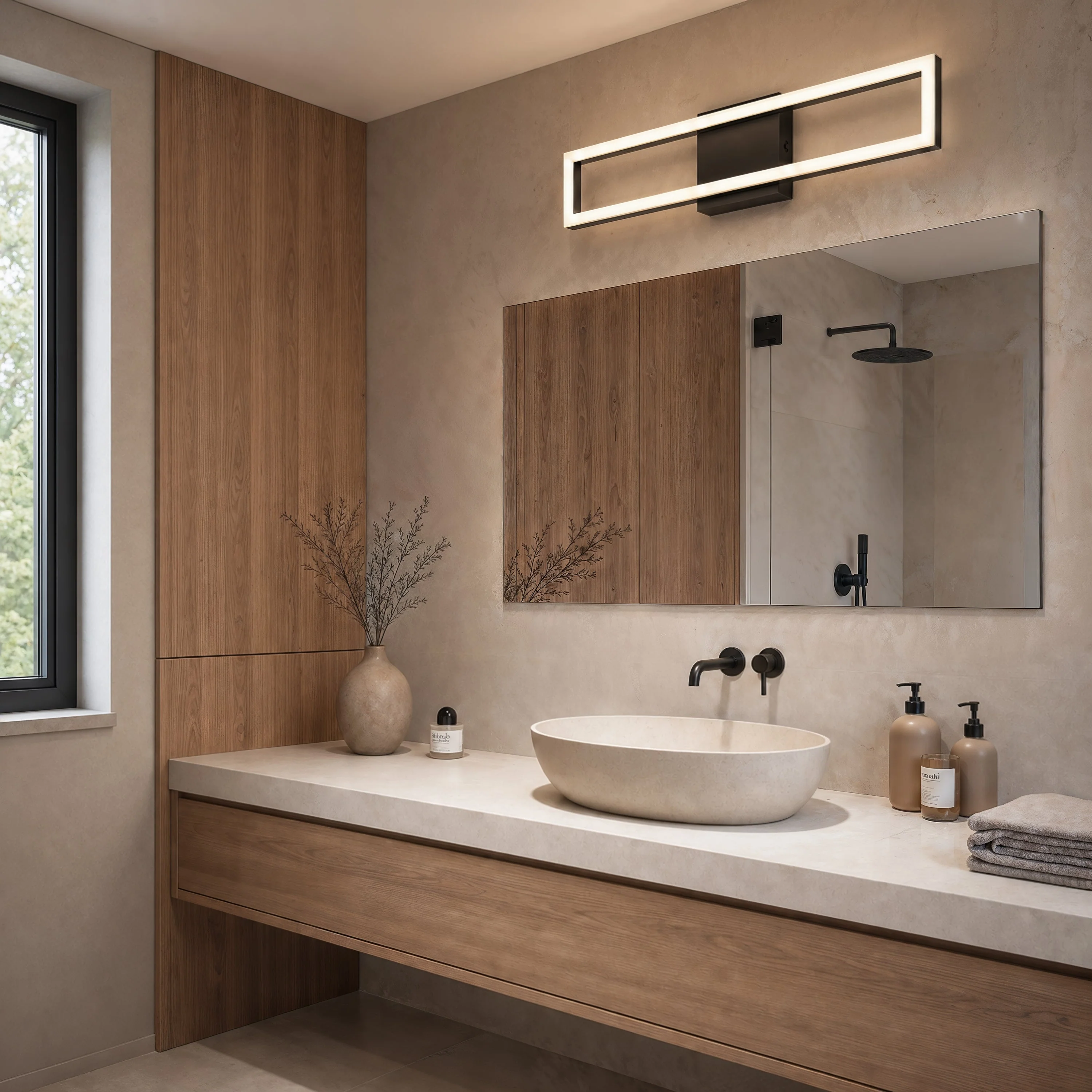 Wood bathroom vanity with a stone vessel sink, mirrored cabinet and dark wall-mounted faucet.
