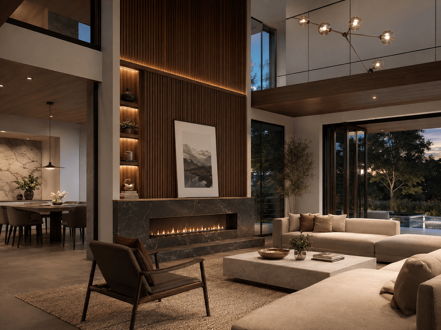 Warm coordinated living interior with integrated wood detailing, stone surfaces and lighting.