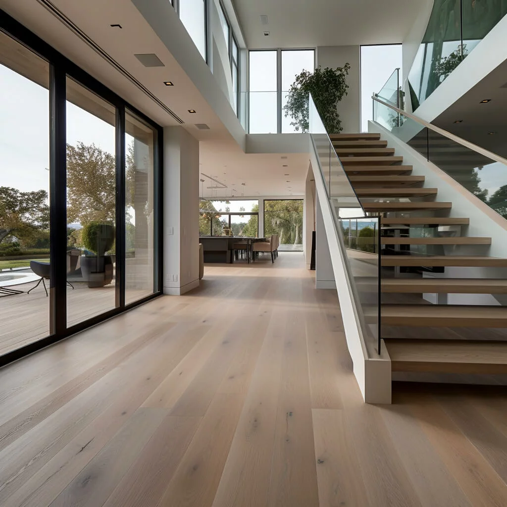 Light wide-plank wood flooring in a bright contemporary interior with an open-riser staircase.