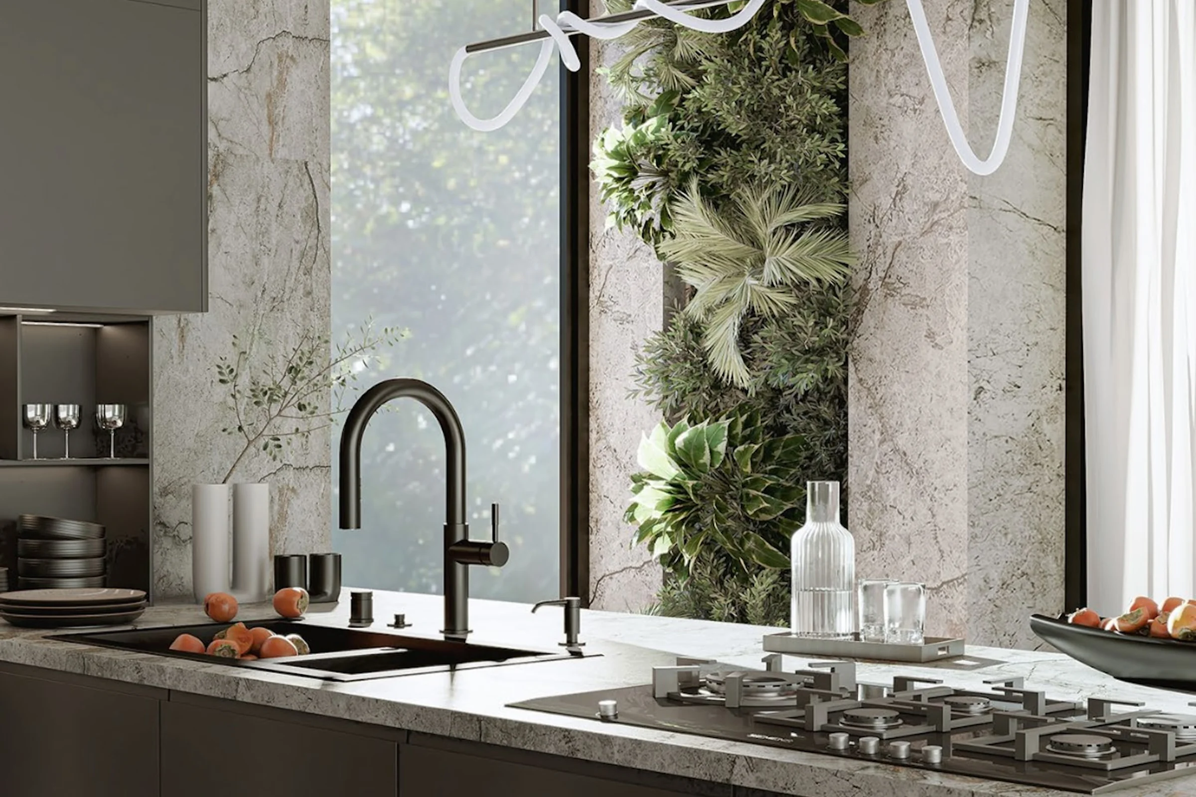 Close view of a sculptural dark faucet and basin.