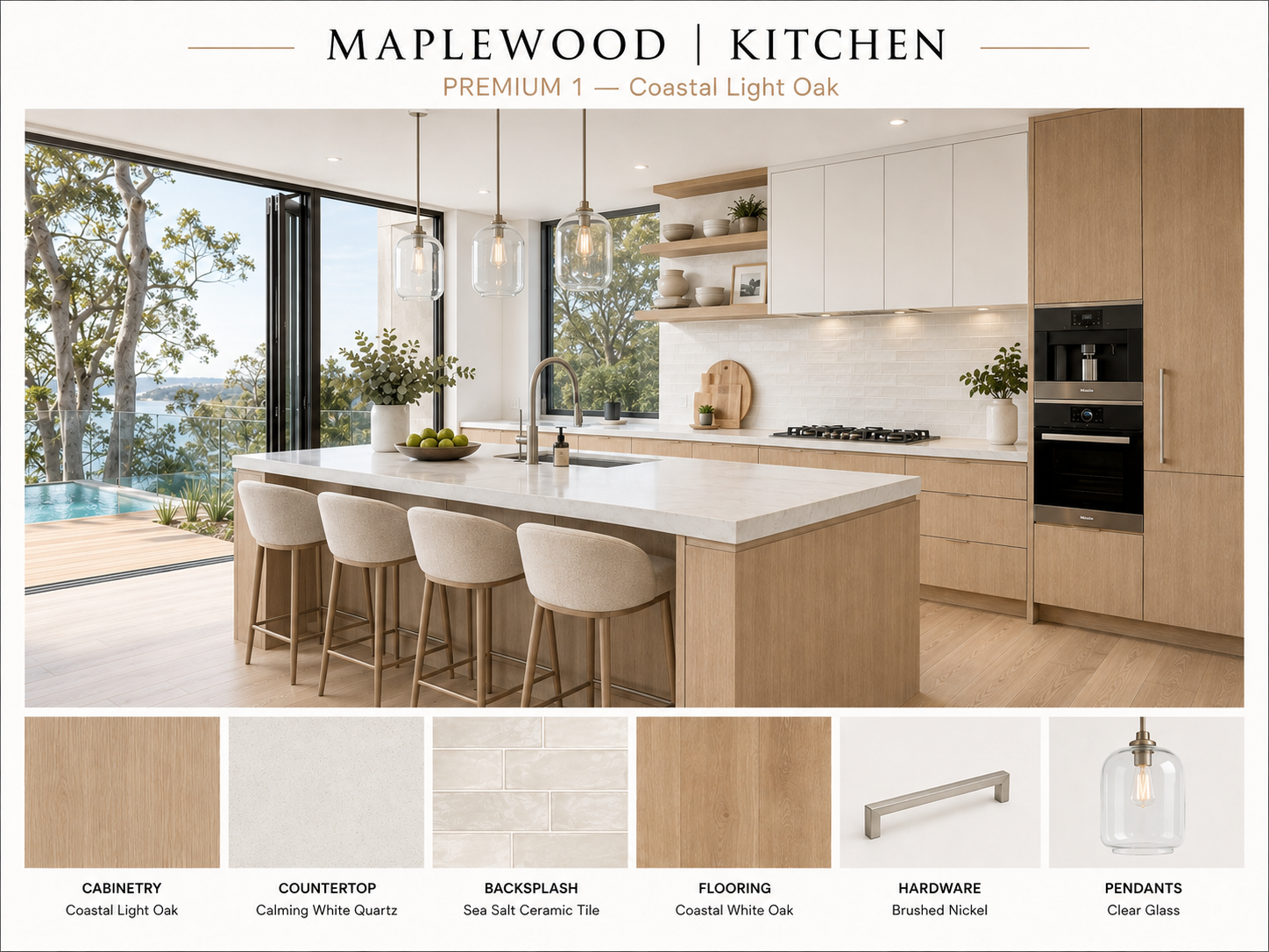 Maplewood Premium kitchen Visual Guide board showing a coordinated light oak design direction.