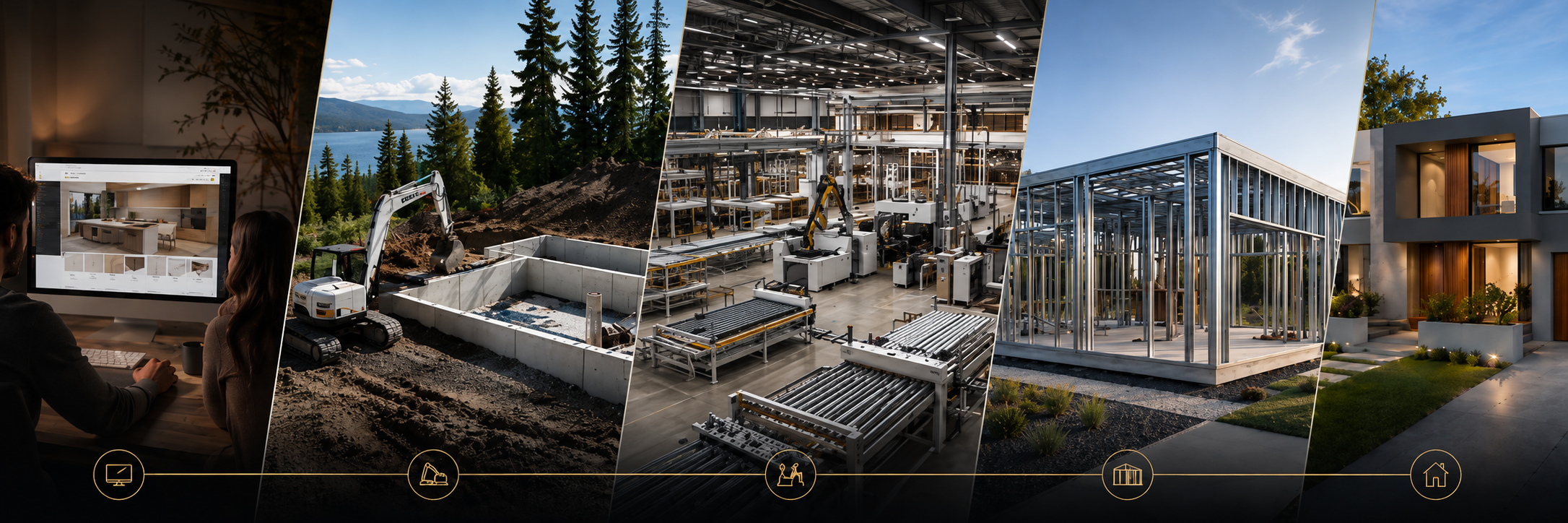 House Delivery process from site preparation and digital home coordination through factory production, structural assembly and completed home.